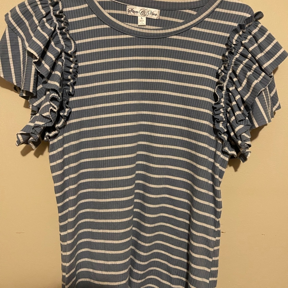 Ruffle Sleeve Striped Blouse - Blue and White